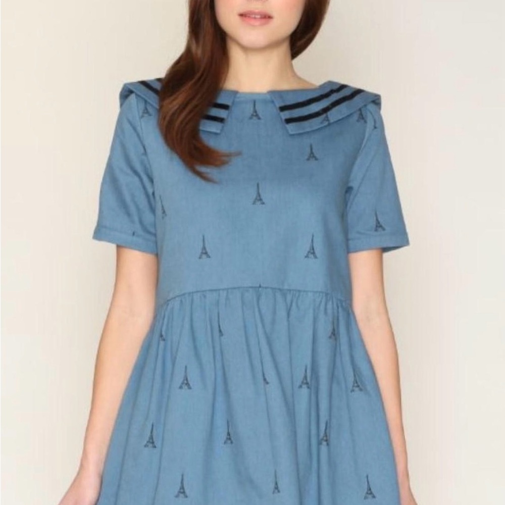Modcloth Blue Mini Dress with Eiffel Tower Pattern